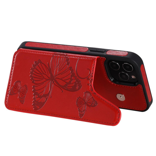 Butterfly Embossing Pattern Shockproof Protective Case with Holder & Card Slots & Photo Frame - iPhone 12 / 12 Pro(Red)