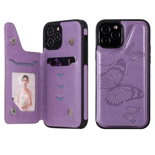 Butterfly Embossing Pattern Shockproof Protective Case with Holder & Card Slots & Photo Frame - iPhone 12 / 12 Pro(Purple)