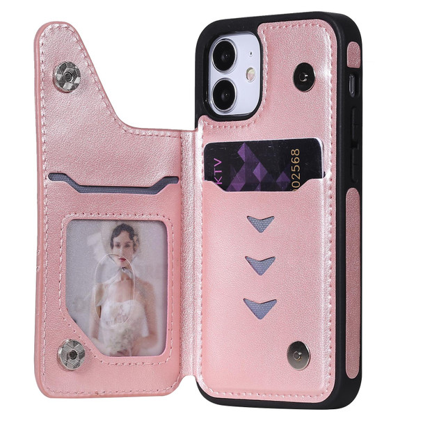 Butterfly Embossing Pattern Shockproof Protective Case with Holder & Card Slots & Photo Frame - iPhone 12 / 12 Pro(Rose Gold)