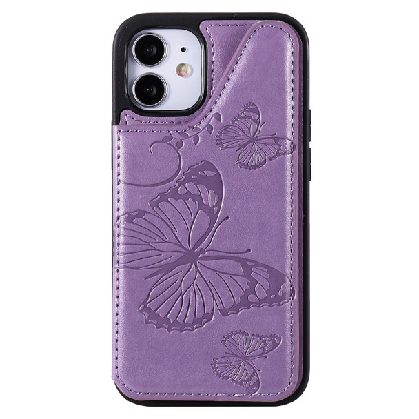 Butterfly Embossing Pattern Shockproof Protective Case with Holder & Card Slots & Photo Frame - iPhone 12 mini(Purple)