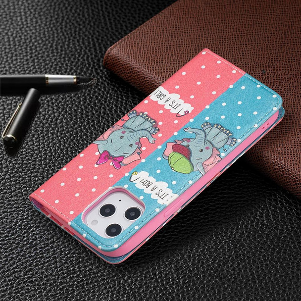 Colored Drawing Pattern Invisible Magnetic Horizontal Flip PU Leatherette Case with Holder & Card Slots & Wallet - iPhone 12 Pro Max(Elephant)