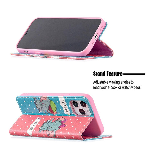 Colored Drawing Pattern Invisible Magnetic Horizontal Flip PU Leatherette Case with Holder & Card Slots & Wallet - iPhone 12 / 12 Pro(Elephant)