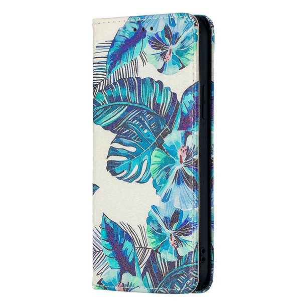 Colored Drawing Pattern Invisible Magnetic Horizontal Flip PU Leatherette Case with Holder & Card Slots & Wallet - iPhone 12 / 12 Pro(Blue Leaves)