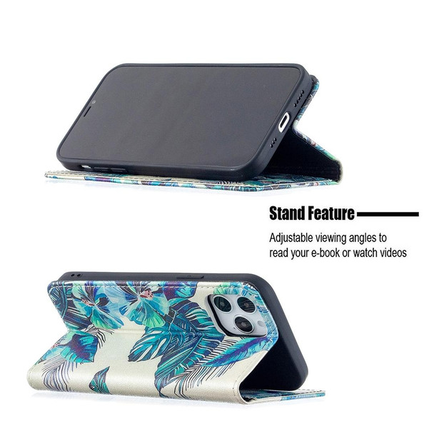 Colored Drawing Pattern Invisible Magnetic Horizontal Flip PU Leatherette Case with Holder & Card Slots & Wallet - iPhone 12 / 12 Pro(Blue Leaves)