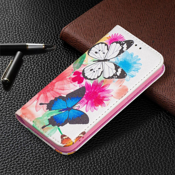 Colored Drawing Pattern Invisible Magnetic Horizontal Flip PU Leatherette Case with Holder & Card Slots & Wallet - iPhone 12 mini(Two Butterflies)