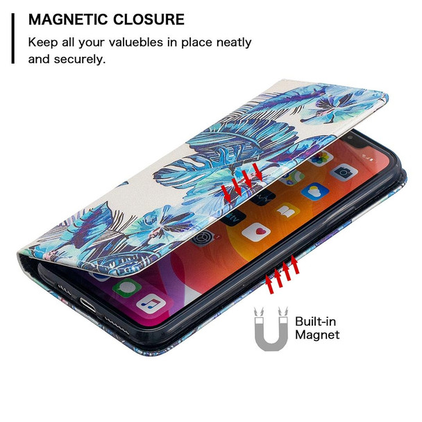 Colored Drawing Pattern Invisible Magnetic Horizontal Flip PU Leatherette Case with Holder & Card Slots & Wallet - iPhone 11 Pro(Blue Leaves)