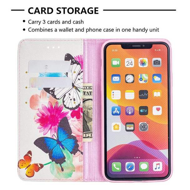 Colored Drawing Pattern Invisible Magnetic Horizontal Flip PU Leatherette Case with Holder & Card Slots & Wallet - iPhone 11 Pro(Two Butterflies)