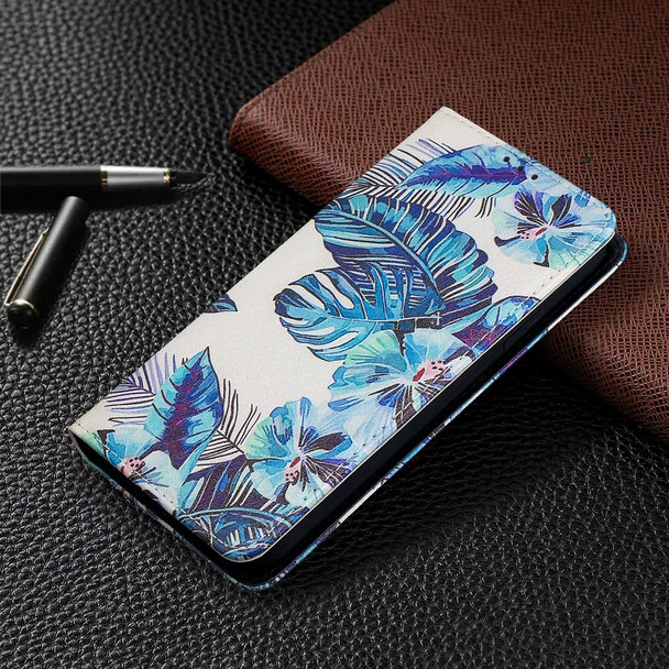 Colored Drawing Pattern Invisible Magnetic Horizontal Flip PU Leatherette Case with Holder & Card Slots & Wallet - iPhone XR(Blue Leaves)