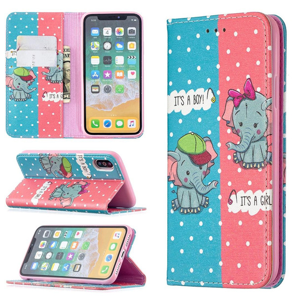 Colored Drawing Pattern Invisible Magnetic Horizontal Flip PU Leatherette Case with Holder & Card Slots & Wallet - iPhone X / XS(Elephant)