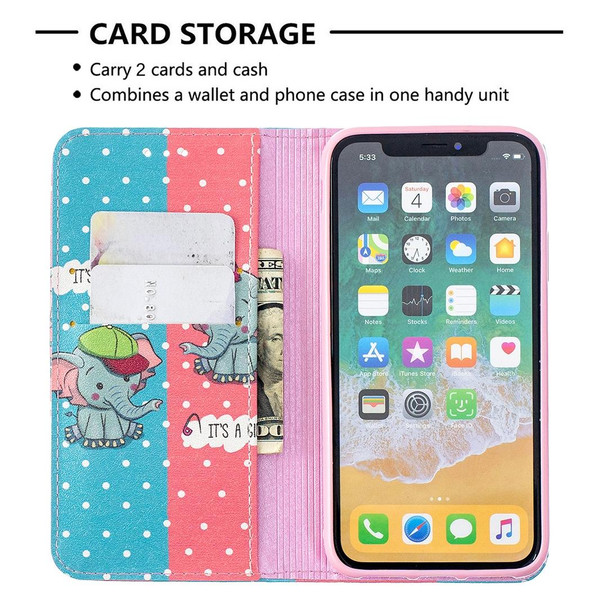 Colored Drawing Pattern Invisible Magnetic Horizontal Flip PU Leatherette Case with Holder & Card Slots & Wallet - iPhone X / XS(Elephant)