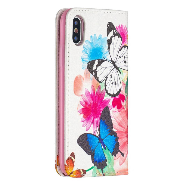 Colored Drawing Pattern Invisible Magnetic Horizontal Flip PU Leatherette Case with Holder & Card Slots & Wallet - iPhone X / XS(Two Butterflies)