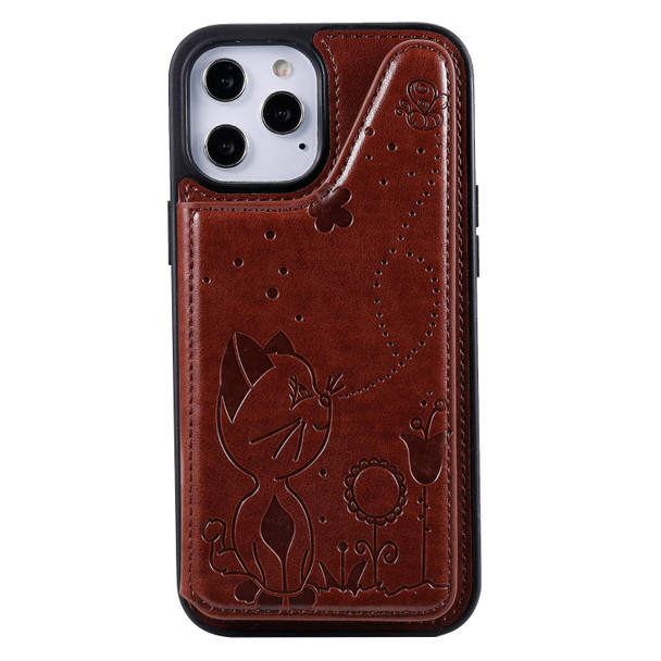 Cat Bee Embossing Pattern Shockproof Protective Case with Card Slots & Photo Frame - iPhone 12 Pro Max(Brown)