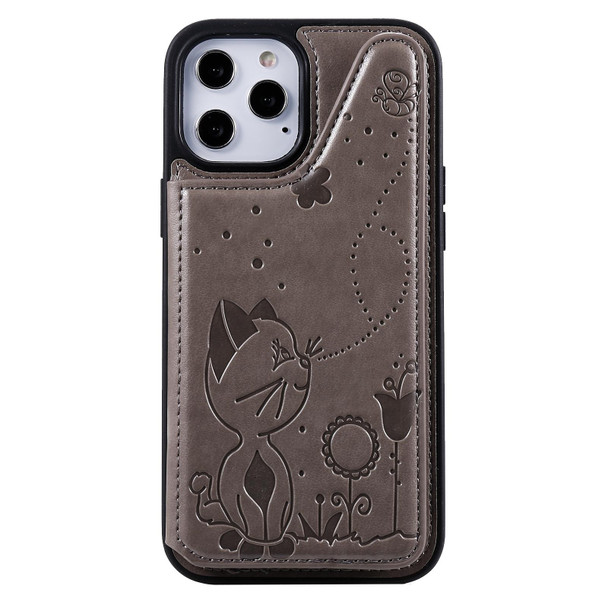 Cat Bee Embossing Pattern Shockproof Protective Case with Card Slots & Photo Frame - iPhone 12 Pro Max(Grey)