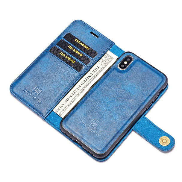 DG.MING Crazy Horse Texture Flip Detachable Magnetic Leatherette Case for iPhone XS Max, with Holder & Card Slots & Wallet (Blue)