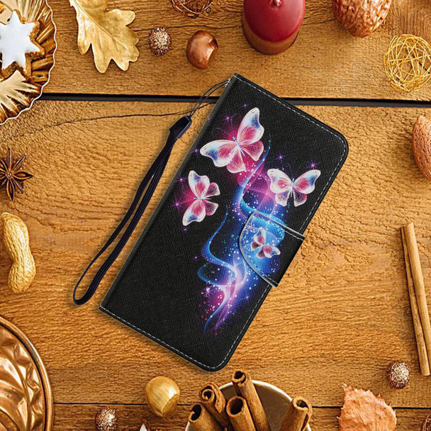 Coloured Drawing Pattern Horizontal Flip PU Leatherette Case with Holder & Card Slots & Wallet & Lanyard - iPhone 12 Pro Max(Three Fluorescent Butterflies)