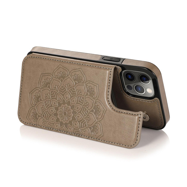 Double Buckle Mandala Pattern PU+TPU Protective Case with Card Slots & Holder & Photo Frame - iPhone 12 / 12 Pro(Grey)