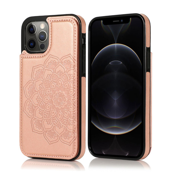 Double Buckle Mandala Pattern PU+TPU Protective Case with Card Slots & Holder & Photo Frame - iPhone 12 / 12 Pro(Rose Gold)