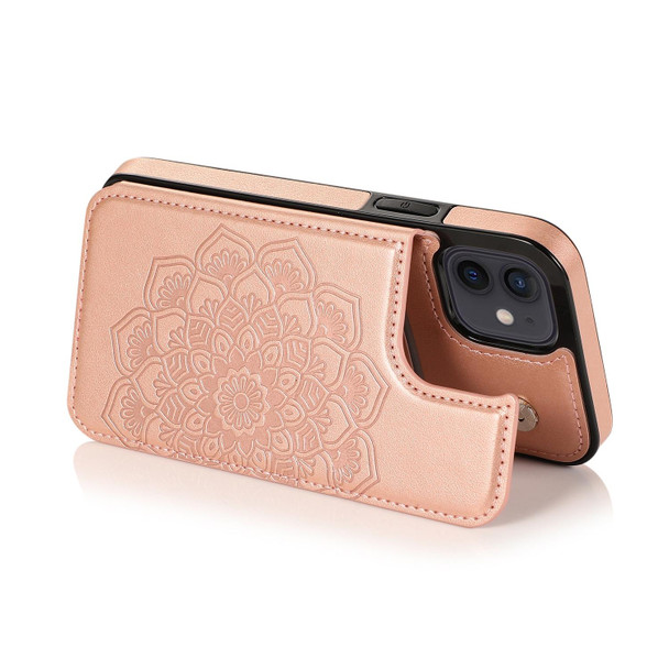 Double Buckle Mandala Pattern PU+TPU Protective Case with Card Slots & Holder & Photo Frame - iPhone 12 mini(Rose Gold)