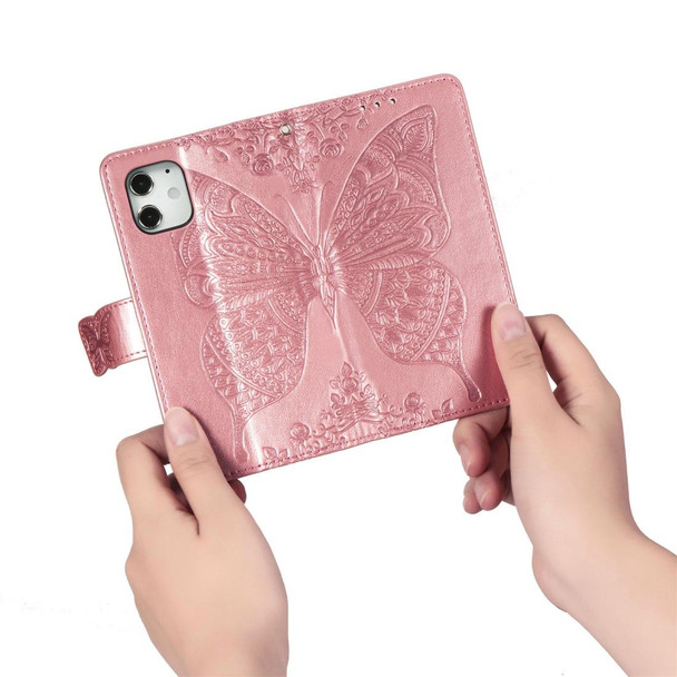 iPhone 12 Pro Max Butterfly Love Flower Embossed Horizontal Flip Leather Case with Bracket / Card Slot / Wallet / Lanyard(Rose Gold)