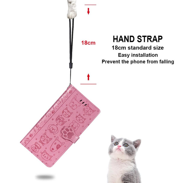 iPhone 12 / 12 Pro Cute Cat and Dog Embossed Horizontal Flip Leather Case with Holder & Card Slots & Wallet & Lanyard(Pink)