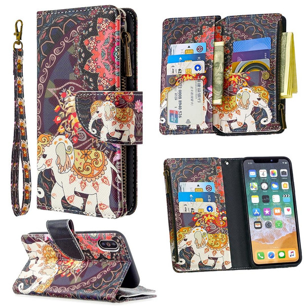 iPhone XS / X Colored Drawing Pattern Zipper Horizontal Flip Leather Case with Holder & Card Slots & Wallet(Flower Elephants)