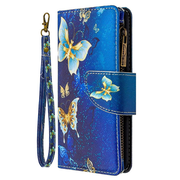 iPhone XR Colored Drawing Pattern Zipper Horizontal Flip Leather Case with Holder & Card Slots & Wallet(Gold Butterfly)