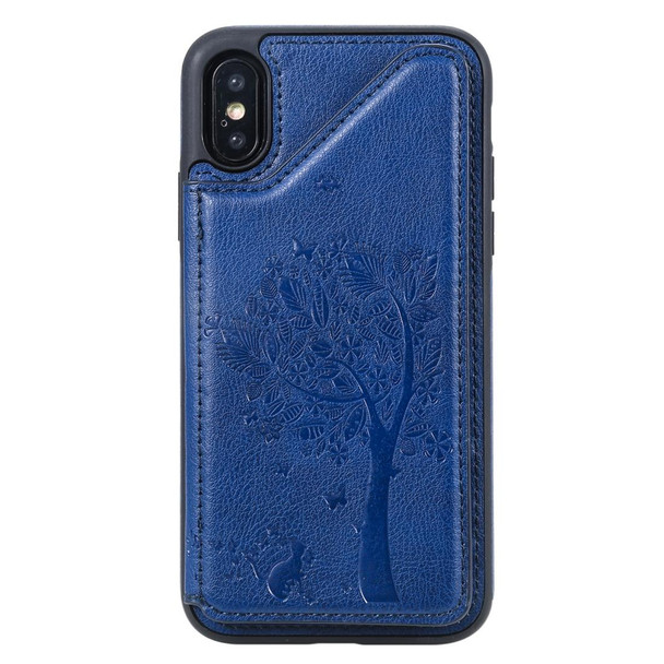 iPhone XS / X Cat Tree Embossing Pattern Shockproof Protective Case with Card Slots & Photo Frame & Holder(Blue)