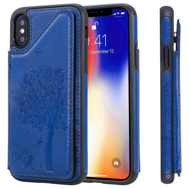 iPhone XS / X Cat Tree Embossing Pattern Shockproof Protective Case with Card Slots & Photo Frame & Holder(Blue)