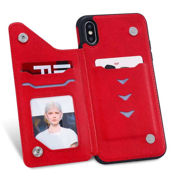 iPhone XS Max Cat Tree Embossing Pattern Shockproof Protective Case with Card Slots & Photo Frame & Holder(Red)