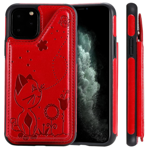 iPhone 11 Pro Cat Bee Embossing Pattern Shockproof Protective Case with Card Slots & Photo Frame(Red)