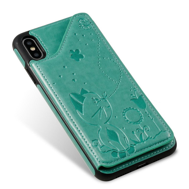 iPhone XS Max Cat Bee Embossing Pattern Shockproof Protective Case with Card Slots & Photo Frame(Green)