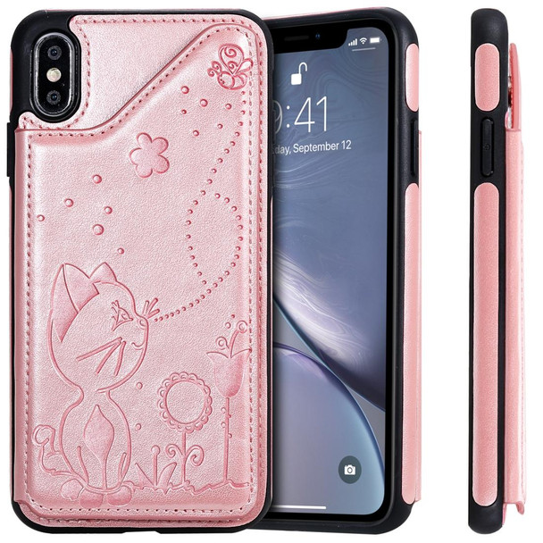 iPhone XS Max Cat Bee Embossing Pattern Shockproof Protective Case with Card Slots & Photo Frame(Rose Gold)