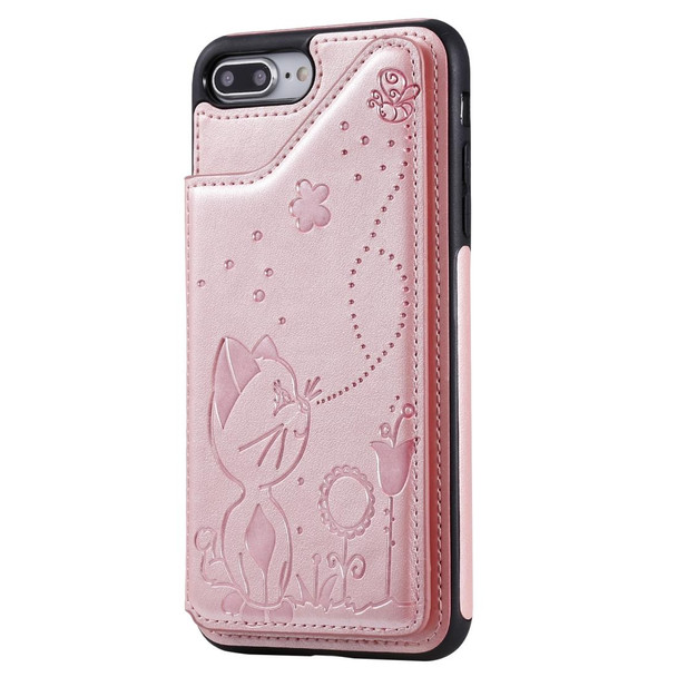 iPhone 8 Plus / 7 Plus Cat Bee Embossing Pattern Shockproof Protective Case with Card Slots & Photo Frame(Rose Gold)