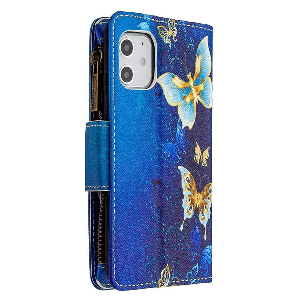 iPhone 12 mini Colored Drawing Pattern Zipper Horizontal Flip Leather Case with Holder & Card Slots & Wallet(Gold Butterfly)