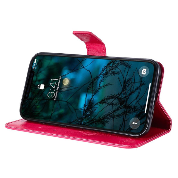 iPhone 12 Pro Max Tree & Cat Embossed Pattern Horizontal Flip Leather Case with Holder & Card Slots & Wallet & Lanyard(Rose Red)