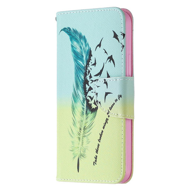 iPhone 12 / 12 Pro Colored Drawing Pattern Horizontal Flip Leather Case with Holder & Card Slots & Wallet(Feather)