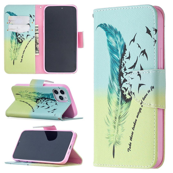 iPhone 12 / 12 Pro Colored Drawing Pattern Horizontal Flip Leather Case with Holder & Card Slots & Wallet(Feather)