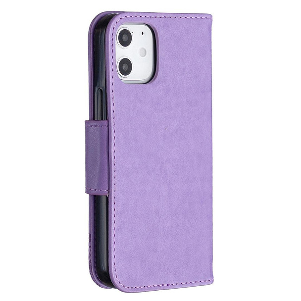 iPhone 12 mini Embossing Two Butterflies Pattern Horizontal Flip PU Leather Case with Holder & Card Slot & Wallet & Lanyard(Purple)