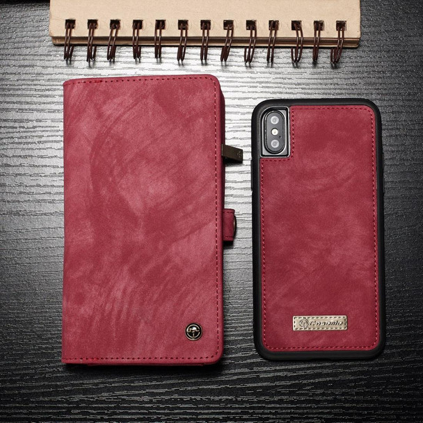 CaseMe-008 for   iPhone X / XS   TPU + PC Magnetic Absorption Detachable Back Cover Horizontal Flip Leatherette Case with Holder & Card Slots & Zipper Wallet & Photo Frame(Red)