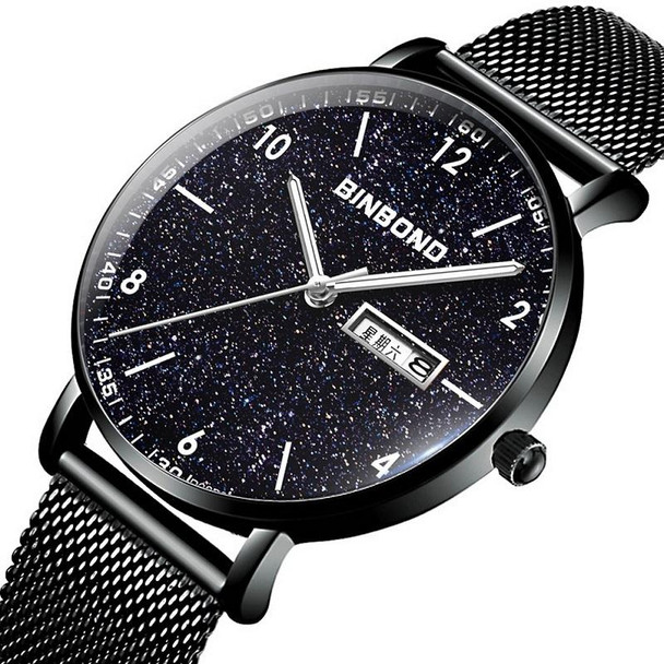 BINBONG B3820 Men Simple Luminous Quartz Watch Student Trendstarry Starry Sky Pattern Watch(Black Mash Black Shell White Nails)