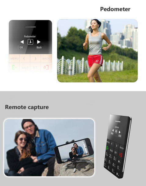 AEKU Qmart Q5 Card Mobile Phone, Network: 2G, 5.5mm Ultra Thin Pocket Mini Slim Card Phone, 0.96 inch, QWERTY Keyboard, BT, Pedometer, Remote Notifier, MP3 Music, Remote Capture(Black)