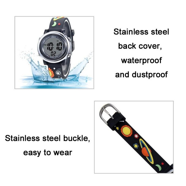 JNEW A380-86294 Children Waterproof Time Cognitive Cartoon Universe Colorful Backlight LED Electronic Watch( Black)