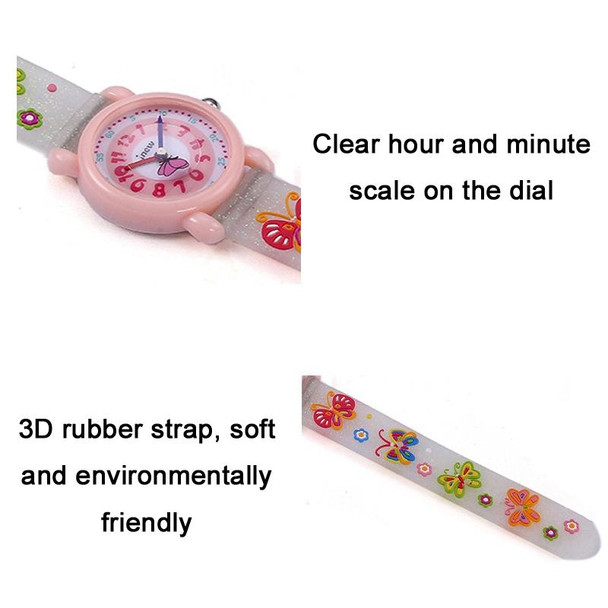 JNEW A335-20082 Children Cartoon 3D Butterfly Waterproof Time Cognitive Silicone Jelly Strap Quartz Watch(Loose Powder Pink)