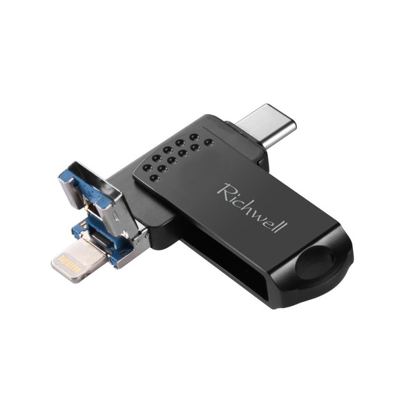 Richwell 64G Type-C + 8 Pin + USB 3.0 Metal Flash Disk with OTG Function(Black)