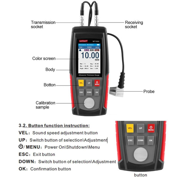 Wintact WT100A Digital Ultrasonic Thickness Gauge Meter Tester USB Charging Digital Thickness Metal Tester High Precision