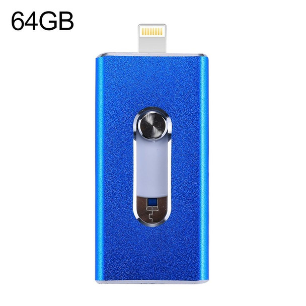RQW-02 3 in 1 USB 2.0 & 8 Pin & Micro USB 64GB Flash Drive, for iPhone & iPad & iPod & Most Android Smartphones & PC Computer(Blue)