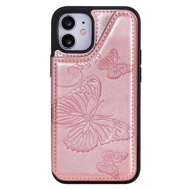 Butterfly Embossing Pattern Shockproof Protective Case with Holder & Card Slots & Photo Frame - iPhone 12 mini(Rose Gold)