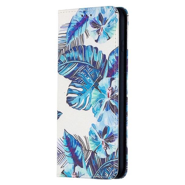 Colored Drawing Pattern Invisible Magnetic Horizontal Flip PU Leatherette Case with Holder & Card Slots & Wallet - iPhone 8 Plus & 7 Plus(Blue Leaves)