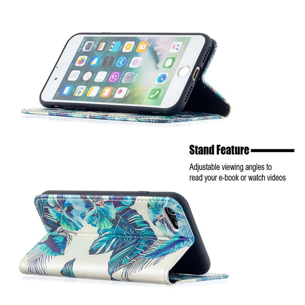 Colored Drawing Pattern Invisible Magnetic Horizontal Flip PU Leatherette Case with Holder & Card Slots & Wallet - iPhone 8 & 7(Blue Leaves)