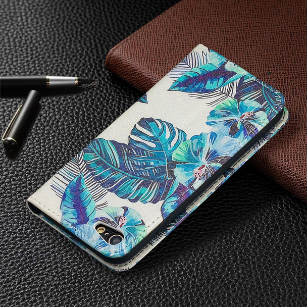 Colored Drawing Pattern Invisible Magnetic Horizontal Flip PU Leatherette Case with Holder & Card Slots & Wallet - iPhone 8 & 7(Blue Leaves)